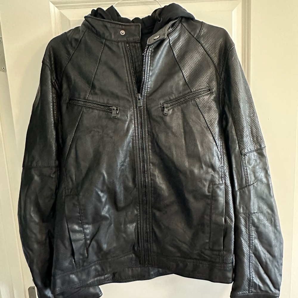 Express Black leather jacket with removal hoodie